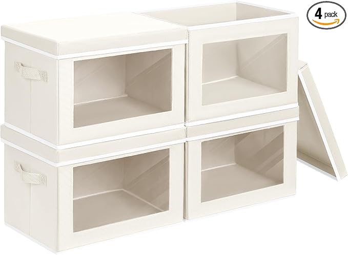 Fabric Storage Bins with Lids, Decorative Storage Boxes, Closet Storage Bins with Window, Storage Baskets for Closet, Closet Organizers for Towel, Clothes, Beige, 4-Pack