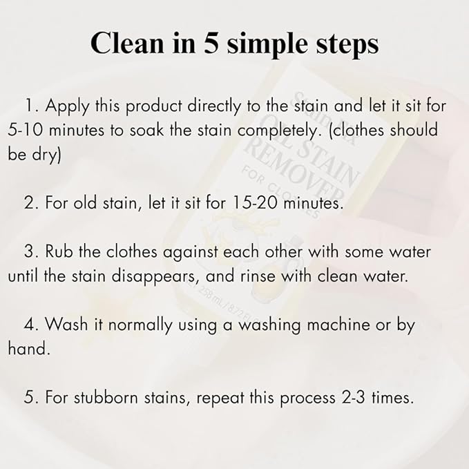 Oil Stain Remover for Clothes (8.72oz) - Fabric Stain Remover For Cooking, Engine, Dried Oil And Grease Stains - Safe for All Fabric Types