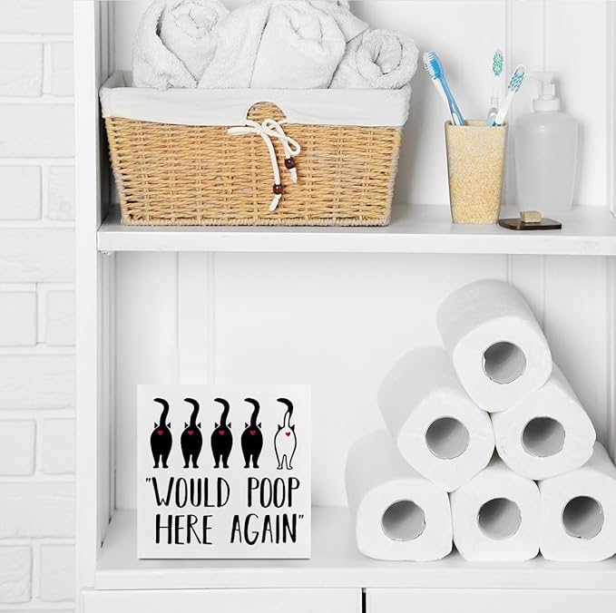 Funny Cat Bathroom Decor White Wooden Box Decorative Signs, Humorous Decorations for Bathroom Home Shelf, Wood Box Sign Cat Lover Gifts for Women Men Friends, Would Poop Here Again 5.1x5.1Inch