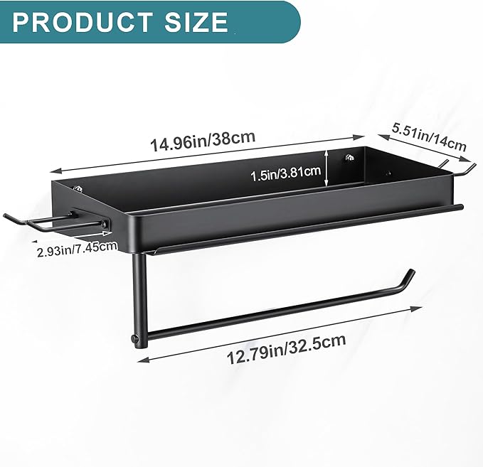 YIGII Wall Mount Paper Towel Holder with Shelf and Phone Stand, Garage Stainless Steel Paper Towel Rack with 4 Hooks for Shop Organization and Storage (Black)