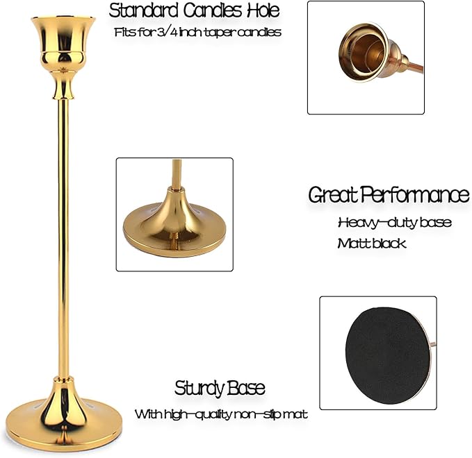Taper Candle Holder Set of 6, Brass Gold Tall Candlestick Holders, Metal Vintage Candle Stickers Long Holder Set, Pillar Decorative Candle Holder Fits 3/4 Inch Candle for Wedding