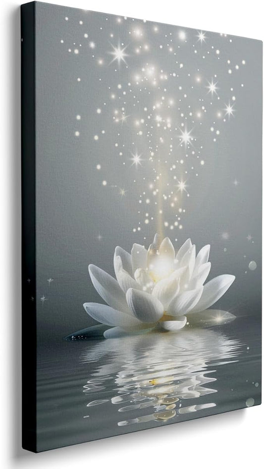 Ypxzzj Framed White Lotus Flower Wall Art for Living Room, Zen Canvas Wall Art for Yoga Bedroom,Meditation Spiritual Wall Decor Print for Bathroom Study Room Ready to Hang (12''x16'')