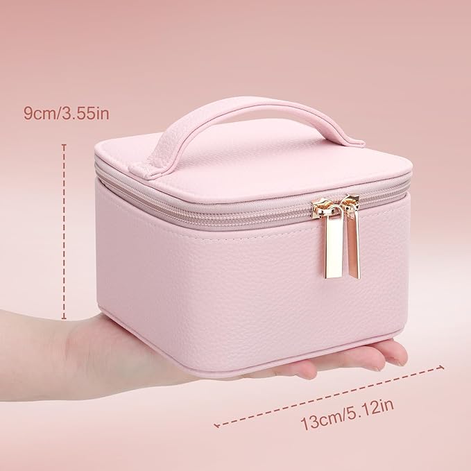 DesignSter Small Jewelry Box, Travel Small Jewelry Organizer with Earring Tray and Ring Holder, Square Travel Jewelry Storage Case with 6 Velvet Jewelry Pouches, Pink