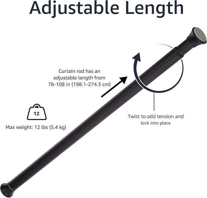 Amazon Basics No Drilling Spring Tension Curtain Rod, Adjustable 78-108" Width, Classic Finial, Black