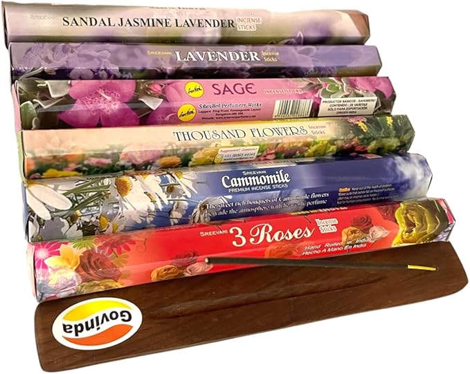 Sreevani Incense Sticks Variety Pack #12 and Incense Stick Holder Bundle Gift Set with 6 Flower #2 Theme Fragrances