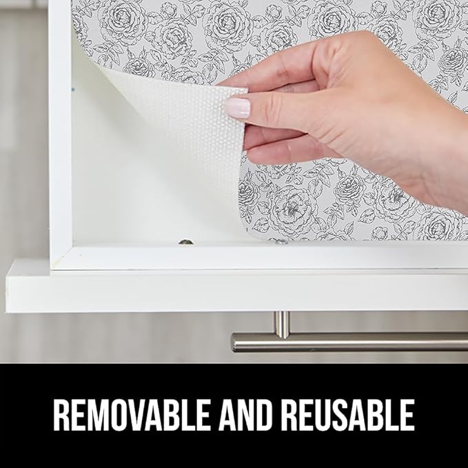 GORILLA GRIP DripGuard Shelf Liner, Non-Adhesive Drawer and Kitchen Cabinet Protector, Strong Grip Slip Resistant Underside, Smooth Surface Liners for Cabinets, Bathroom Closets, 12x120 In Floral Gray