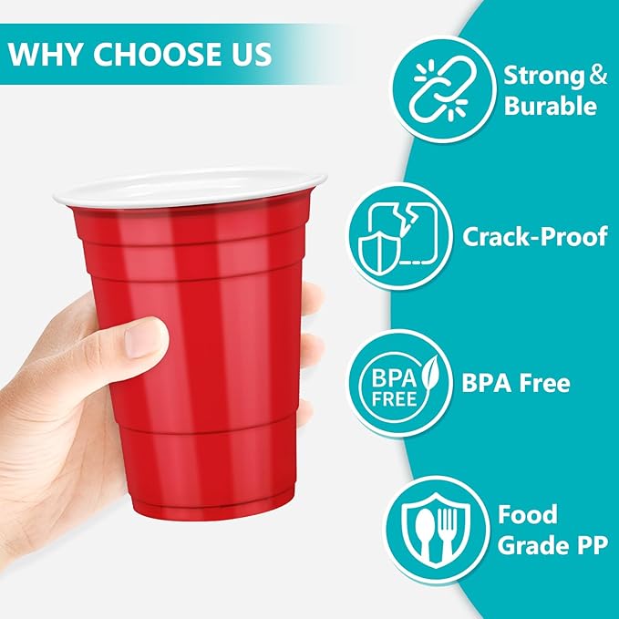 LANLISA 100 Red Plastic Cups, 16 oz Disposable Cups, Drinking Cups For Valentines Day, Christmas Party Supplies