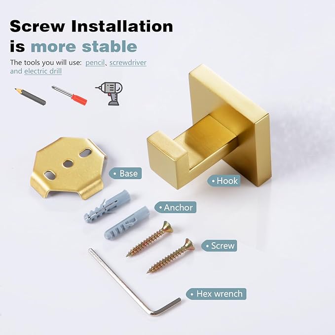 KOKOSIRI Bath Towel Hook Wall Mount Square Robe Hook Coat Hook, Bathroom Kitchen Garage Heavy Duty Wall Mounted, SUS 304 Stainless Steel, Brushed Gold, B1010BG-P2