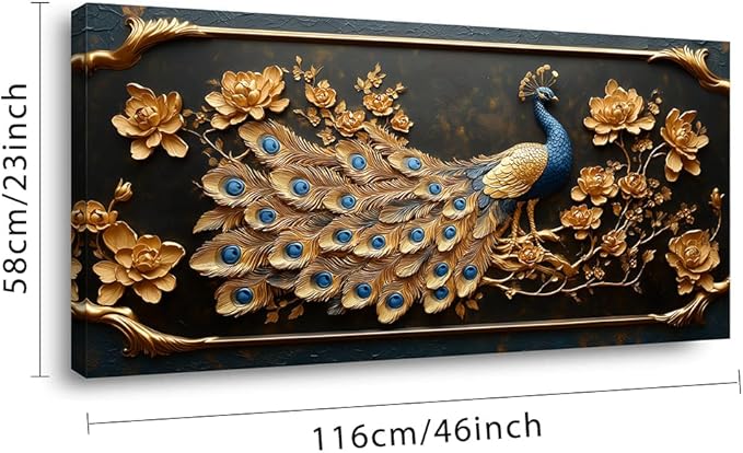 ZESTRILIA Pretty Peacock Wall Art for Living Room Office Gold Country Rustic Retro Asian Canvas Painting Prints Golden Vintage Elegant Peackock Artwork Dining Bedroom Decor Large (46x23 Inches)