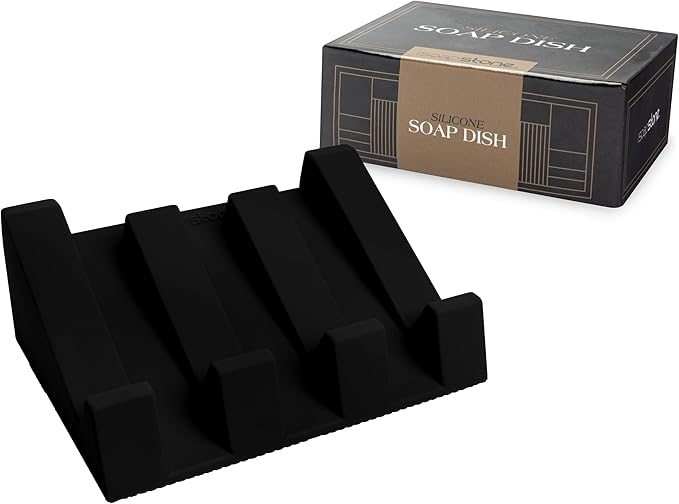 iSoapStone Silicone Soap Dish (USA Patented) Self Draining Bar Soap Holder for Shower Bathroom Sink, Drying Soap Dish Tray Sponge Holder Easy Cleaning Soap Saver Travel Accessories (Black, 1)