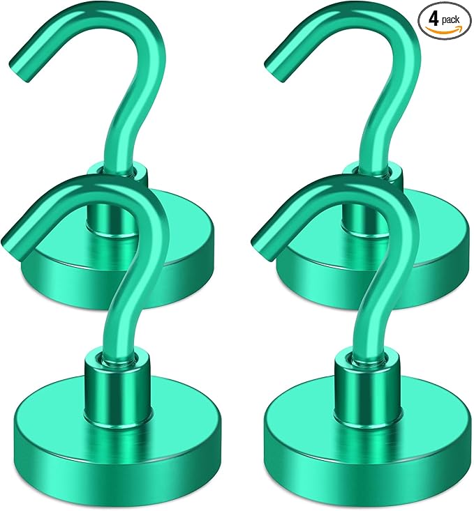 MIKEDE Magnetic Hooks, 50Lbs+ Heavy Duty Magnet Hooks for Cruise Cabins, Super Neodymium Hanging Hooks Strong Magnets with Hook for Fridge, Magnetic Hanger for Grill, Toolbox, Storage(Green, 4 Pack)