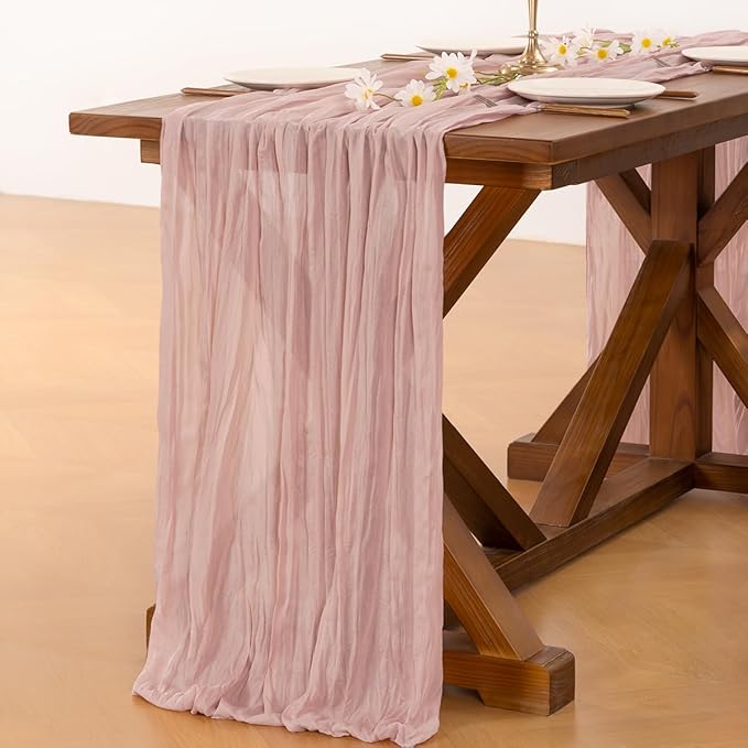Socomi 3pcs Pink Cheesecloth Table Runner Summer Boho Rustic Gauze Dusty Pink Farmhouse 120 inch 10FT Cheese Cloth Sheer Runner for Wedding Party Baby Shower Birthday Home Decor