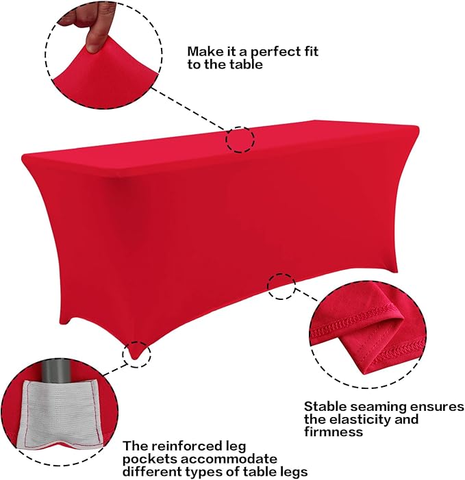 IVAPUPU 8FT Table Cloth for Rectangular Fitted Events Stretch Red Table Covers Washable Cover Spandex Tablecloth Protector for Party, Wedding, Cocktail, Banquet, Festival