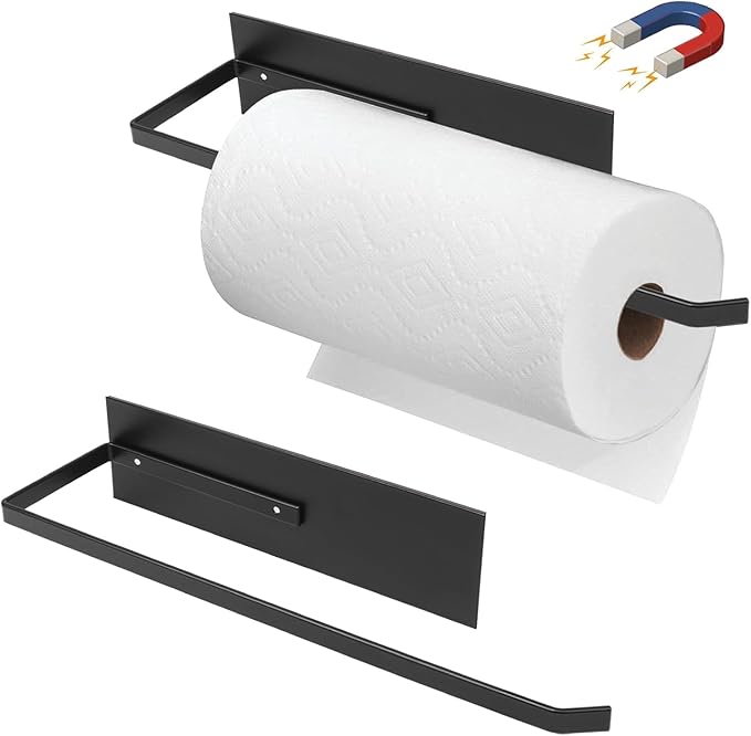 Paper Towel Holder Black, Toilet Paper Roll Holder Magnetic Towel Rack No Drilling Fridge Organizer Shelf for Towels Rolls Bar Bathroom Toilet Pantry RV Essentials Kitchen Organizer and Storage 2 Pack