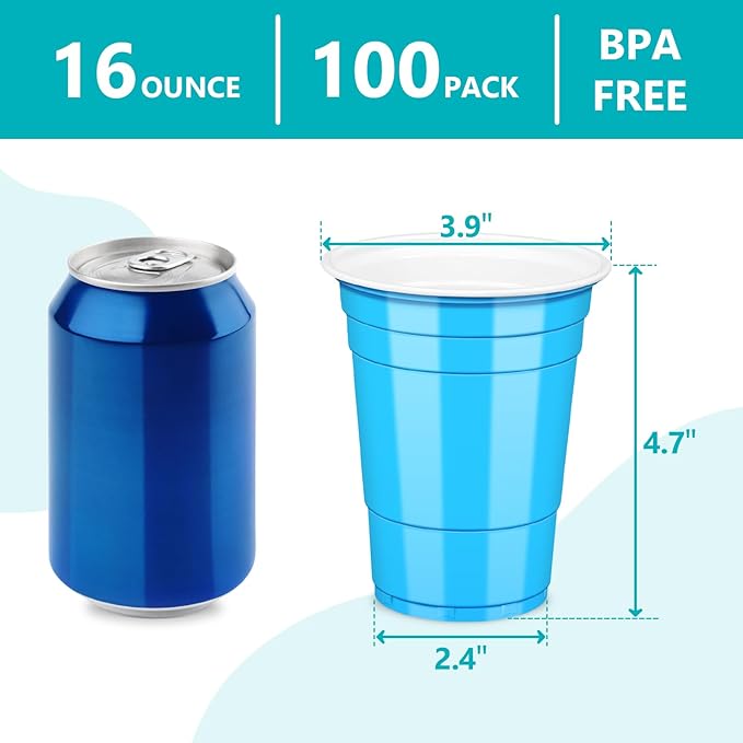 LANLISA 100 Blue Plastic Cups, 16 oz Disposable Cups, Drinking Cups For Party Supplies