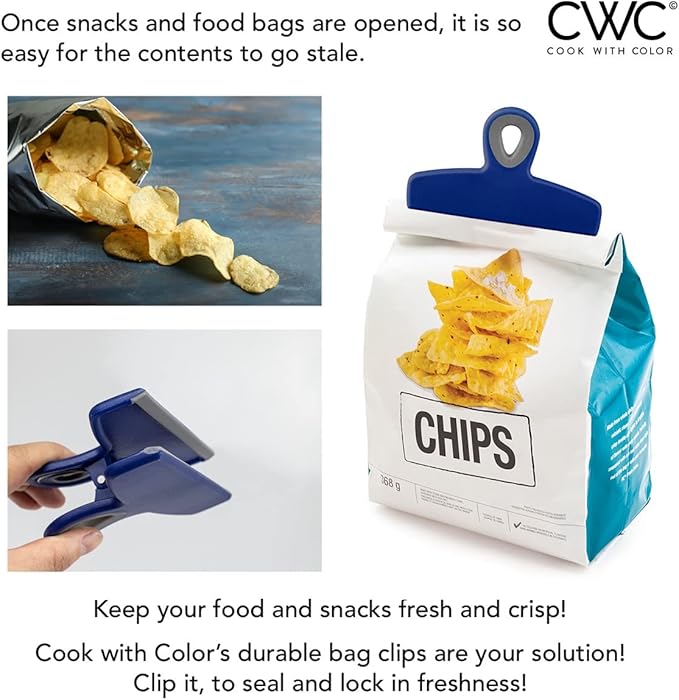 COOK WITH COLOR Bag Clips - Heavy Duty Chip Clip and Refrigerator Magnet Clips for Food Storage with Air Tight Seal Grip, Blue, Pack of 4 Large Clips