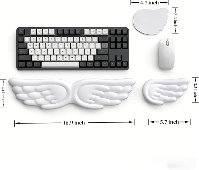Angel Wing Wrist Rest Ergonomic Memory Foam Wrist Rest for Computer Keyboard Mouse Set, Cute Gaming Keyboard Cushion Hand Support PU Leather Surface Anti-Slip Waterproof White Angle Wing with Cup Mat