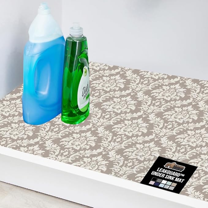 GORILLA GRIP LeakGuard Non-Adhesive Under Sink Mat for Kitchen Cabinet, 24x40, Waterproof Quick Dry Shelf Liner, Durable Absorbent Felt Mats for Bathroom Sinks, Cabinets, Dresser, Damask Taupe Cream