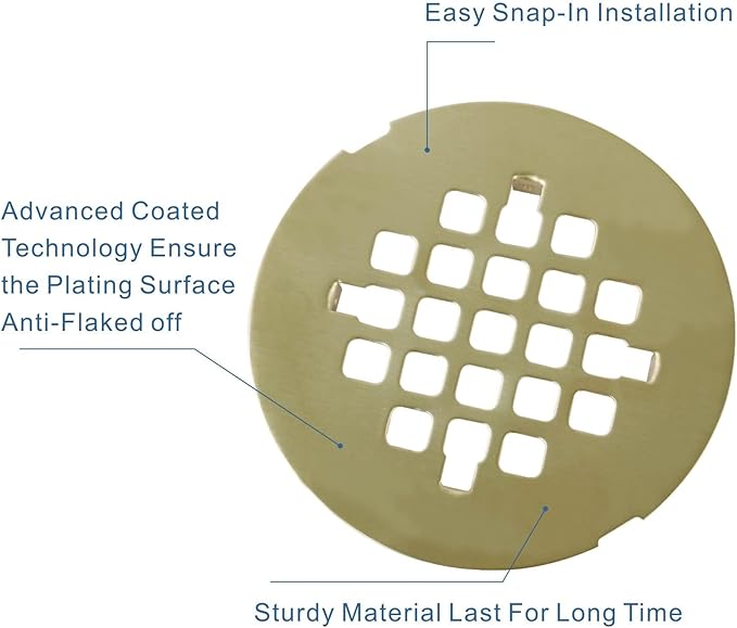 Brushed Gold Snap-in Shower Floor Drain Cover,Hidrop 4-1/4" OD Round Shower Strainer Grid, Easy-to-Install Replacement Cover Stainless Steel