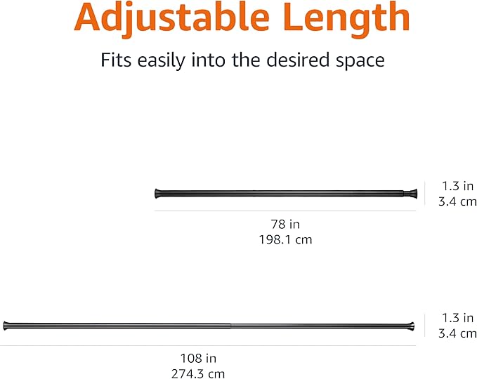 Amazon Basics No Drilling Spring Tension Curtain Rod, Adjustable 78-108" Width, Classic Finial, Black