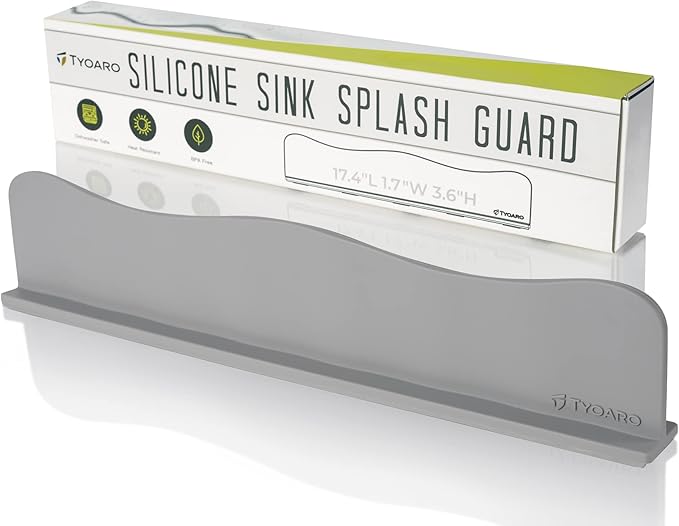 TYOARO Silicone Sink Splash Guard - Water Splash Guard for Kitchen, Island and Bathroom - Secure Non-Slip Suction Cup Base - Dishwasher Safe, Gray (17.4 x 1.7 x 3.6")