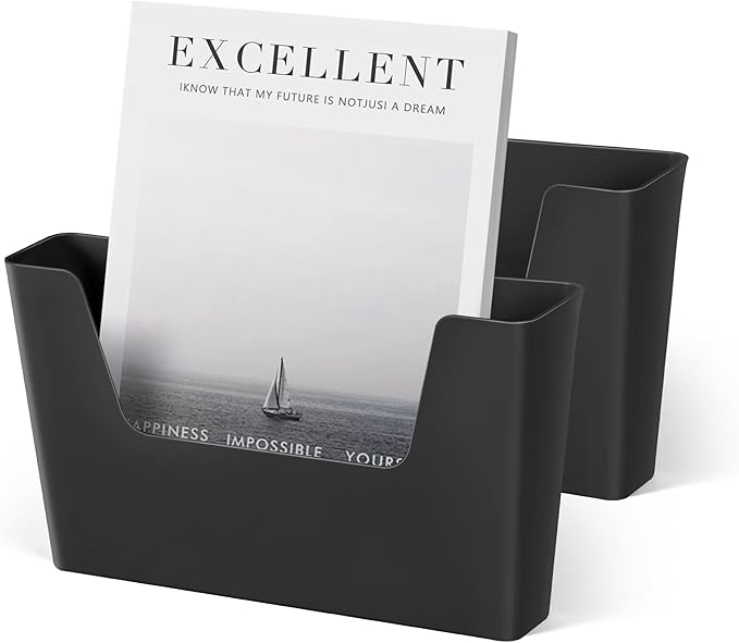 YOHOM Adhesive File Holder Plastic Document Folder Door No Drilling Mount Mail Magazine Organizer A4 Filing Envelopes Folder, Office Wall Mount Single Pocket (BLACK, 2 PCS)