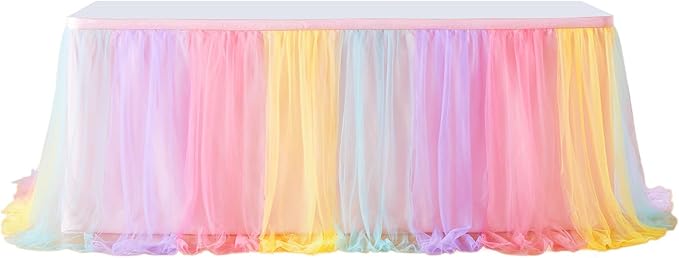 Tulle Table Skirt 3 Layer 6ft 9ft with Polyester Lining Reusable Washable Tutu Tablecloth for Wedding Party Birthday Banquet Holiday Decoration (Multicolor, 6Feet)