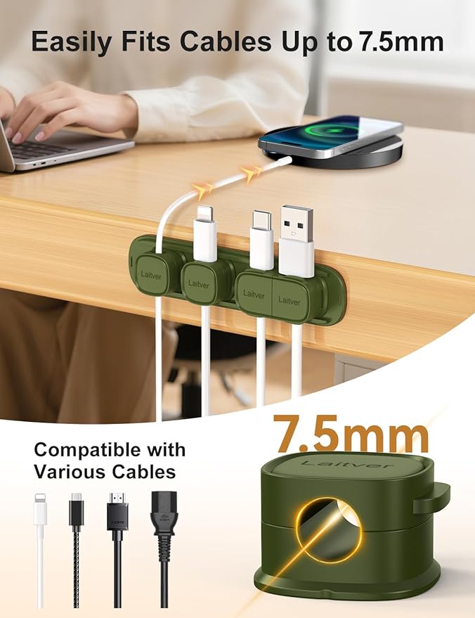 6 Pack Magnetic Cable Clips [1s Open/Lock], Laitver Cord Organizer Holder Strong Adhesive Desk Cable Management- Organize Charging Cords Neatly for Home, Office, Car,Desk, Nightstand-Deep Green