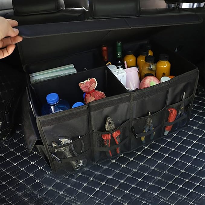 Tianle Car Trunk Organizer - Collapsible Trunk Organizer & Lid Foldable Cover Aluminium Alloy Handle Reflective Strip for Auto, SUV, Truck, Minivan (L Black)