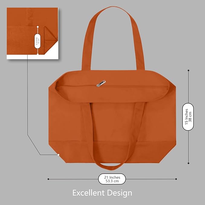 TOPDesign 6-Pack Canvas Tote Bags with an External Pocket, Reusable Grocery Shopping Bags, Top Zipper Closure, Daily Essentials (Orange)