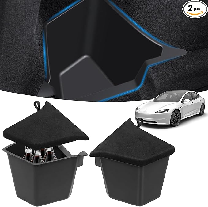 SAMSUWVA Trunk Storage Bins Trunk Organizer for 2025 2026 Tesla Model Y Juniper 5-Seater, 2PCS Large-Capacity Rear Side Storage Boxes with Carpeted Lid for Model Y Juniper Interior Accessories