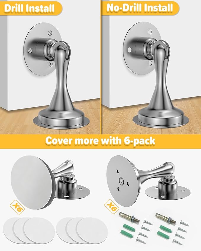 Door Stoppers Magnetic Door Catch - 6 Pack Stainless Steel Heavy Duty Door Holder Stops for Bottom of Door - Wall Floor Mounting No Drill Strong Adhesive & Screws Strong Magnet Keep Door Open(Silver)