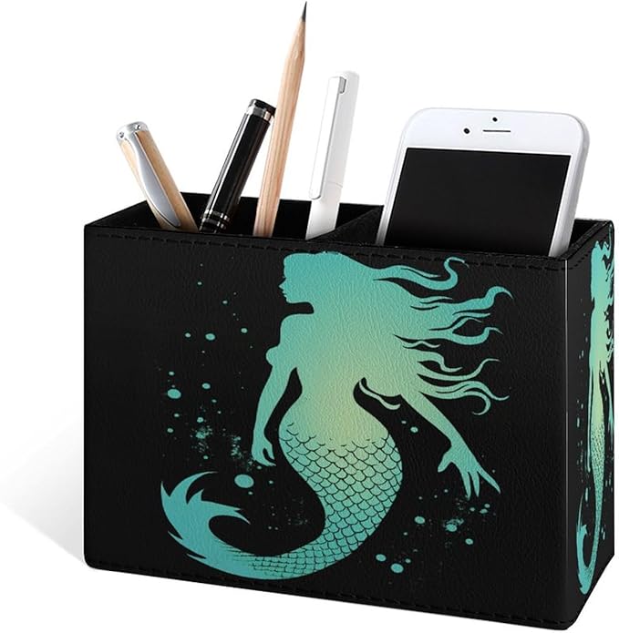 Famame Silhouette Mermaid Pencil Holder for Desk, Leather Desktop Container Pen Cup Storage Study Table Pen Organizer Makeup Brush Holder for Classroom Office Home