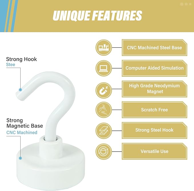Neosmuk Magnetic Hooks, Heavy Duty Earth Magnets with Hook for Refrigerator, Extra Strong Cruise Hook for Hanging, Magnetic Hanger for Cabins, Grill (White, 6 Pack)