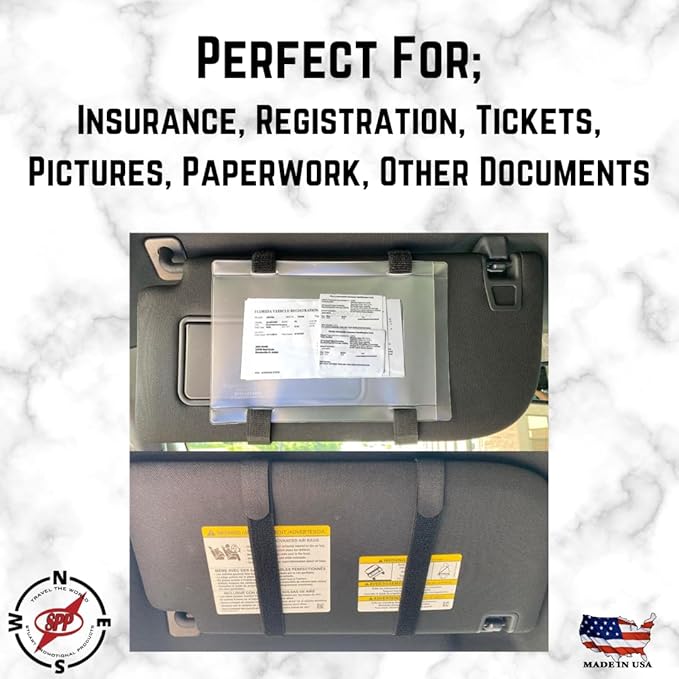 Car Registration and Insurance Holder Visor - Durable Elastic Band & Buckle Closure - Conveniently Stores Documents - Essential Car Accessory (Pink/White), Made in USA