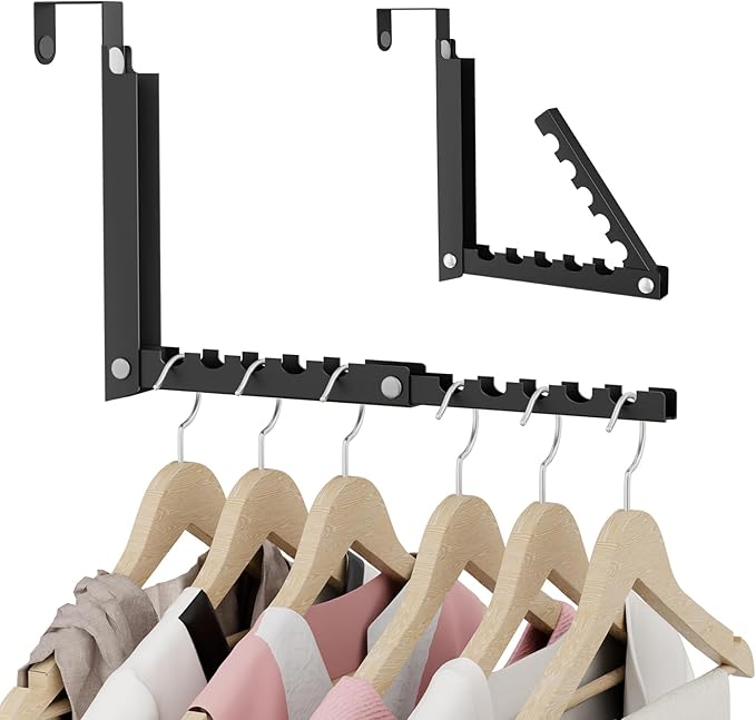 BAKON Over The Door Hooks, Small Space Double Folding Portable Over The Door Drying Rack for Laundry, Bathroom, Bedroom, Travel Storage and Drying (1 Pack, Black)