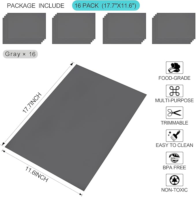 16 Pcs Refrigerator Liners Mats Washable, Refrigerator Mats Liner Waterproof Oilproof, Shinywear Fridge Liners for Shelves, Cover Pads for Freezer Glass Shelf Cupboard Cabinet Drawer (16 Gray)