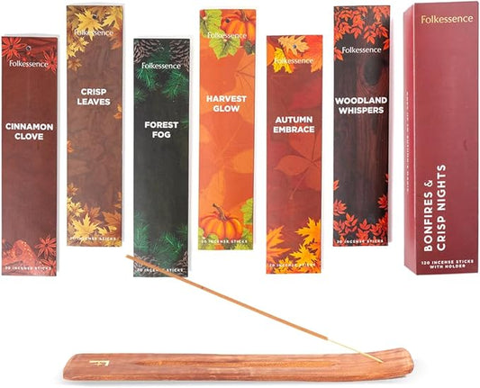 Folkulture Incense Sticks with Incense Holder | Set of 6 (120) Fall Insence-Sticks with 45 Min Burn Time | Cinnamon, Pumpkin Incense | Organic Fall Scents for Home | Fall Essentials for Meditation