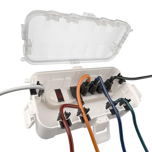 Flemoon Medium Outdoor Electrical Box Waterproof with Clear Lid, Weatherproof Extension Cord Cover for Photocell Light Sensor Timer, Power Strip, Outlet, Plug, Socket, Transparent and White