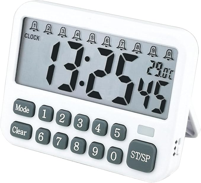 Digital Multifunction Timer with Clock, 10 Preset Alarms, Countup & Countdown, Memory Settings, White