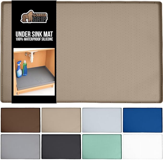 GORILLA GRIP Waterproof Silicone Under Sink Mat with Raised Lip for Kitchen and Bathroom, 34 x 22 in, Cabinet Shelf Liner Stay in Place Mats Dishwasher Safe Drawer Liner, Organizer Tray, Beige
