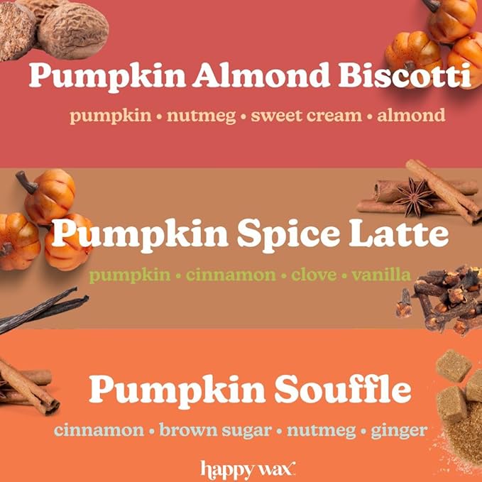 Happy Wax Classic Pumpkin Collection Scented Natural Soy Wax Melts – 6 Total Oz. Collection Includes Pumpkin Spice Latte, Pumpkin Souffle, and Pumpkin Almond Biscotti