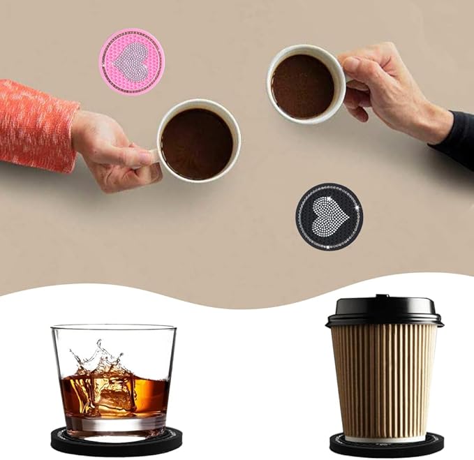 Car Coasters for Cup Holders, 2.75 Inch Auto Cup Holder Insert Coasters Silicone Anti-Slip Crystal Rhinestone Cute Drink Car Cup Mat, 4PSC Bling Car Accessories for Women & Lady (Heart Black)