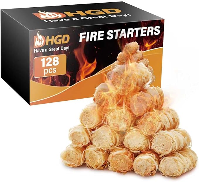 HGD Natural Fire Starters (128 Pcs) - Waterproof & Odorless Charcoal Starters for Fireplace, Campfire, BBQ, Grill, Fire Pit, Wood & Pellet Stove, Chimney, Pizza Oven & Smoker - Indoor & Outdoor Use