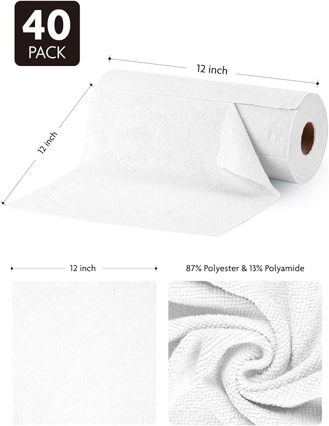 Fantasticlean Microfiber Cleaning Cloth Roll - 40 Pack, Tear Away Microfiber Towels, 12" x 12", Reusable, Washable, Scratch Free, Ultra Absorbent Dishcloth for All-Around Cleaning Supplies (White)