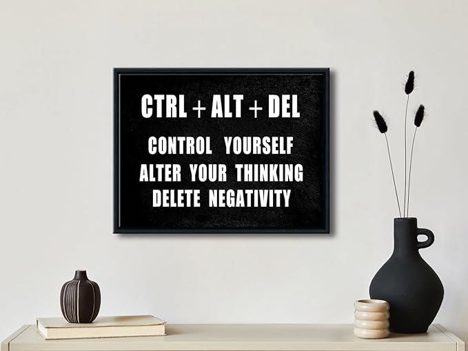 Pyradecor Black Framed Canvas Wall Art Motivational CTRL+ALT+DEL Classroom Positive Quotes Inspirational Poster Canvas Prints for Office Home Decorations