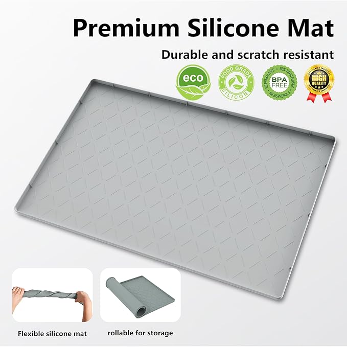 Mateeylife Under Sink Mats for Kitchen Waterproof 22"X19", Undersink Protectors，Silicone Mat Cabinet Liner, Under Sink Organizer for Bathroom and Kitchen，Boot Tray Pet Food Mat, Light Grey