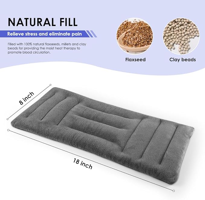 Microwave Heating Pad for Pain Relief, 8 x 18 Microwavable Moist Heat Pads for Neck, Shoulder, Back, Knee, Period Cramps, Rice Heat Pack Hot & Cold Compress Reusable & Portable, Grey
