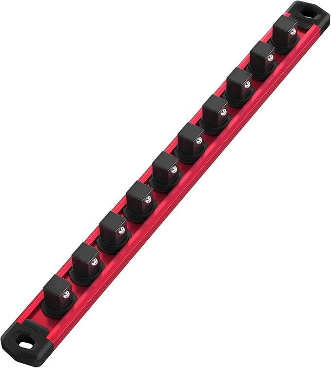 WORKPRO Magnetic Socket Organizer, 3/8-Inch Drive Aluminum Alloy Sockets Rail, Heavy Duty Sockets Holder, Socket Rack Kit 3/8-Inch x 10 Clips (Red)