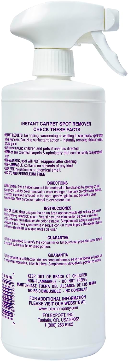 FOLEX Instant Carpet Spot Remover 32 oz – Powerful Stain Remover for Carpets, Upholstery & Rugs – Eliminates Pet Stains, Grease, Red Wine, Food, Makeup & More – With Reusable Cleaning Cloth - 4 Pack